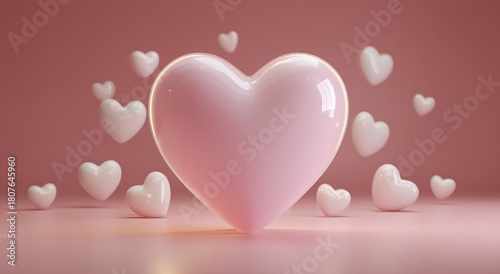 Beautiful Pink Heart Shaped Decoration Surrounded by Smaller Hearts on a Soft Pink Background