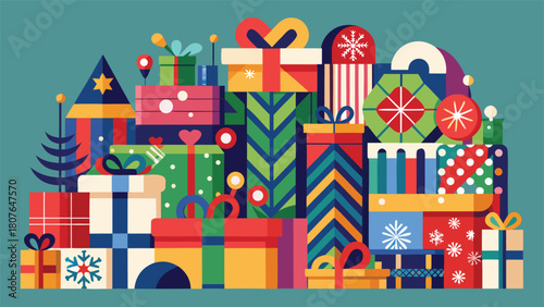 Vector illustration of a Christmas gift set featuring colorful wrapped presents and festive decorations..eps