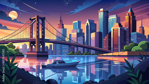 Very beautiful evening waterfront scene at Brooklyn Bridge Park, showcasing calm reflective waters, the iconic Brooklyn Bridge, and the illuminated skyscrapers of Lower Manhattan glowing against the t