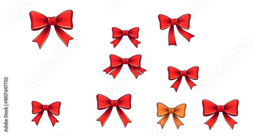 bow,red,ribbons,decorative,ornate,shiny,elegant,classic,festive,collection,set,looped,tied,wrap,package,gift,satin,velvet,fabric,texture,smooth,soft,bright,vibrant,design,element,graphic,curved,folded