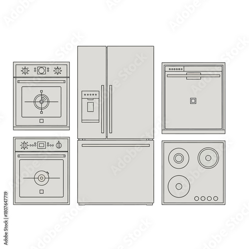Line Drawing of Kitchen Appliances Refrigerator and Ovens