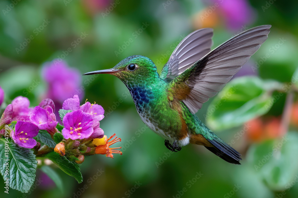 Fototapeta premium Hummingbird Hovering Near Purple Flowers in Nature