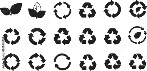 Diverse collection of black silhouette icons illustrating recycling and nature themes arrows