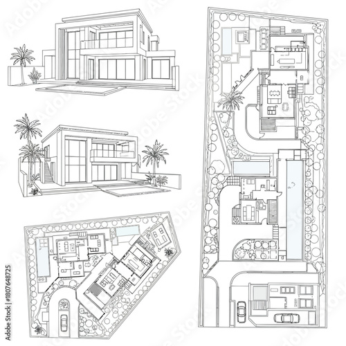 Architectural drawings of modern houses and floor plans