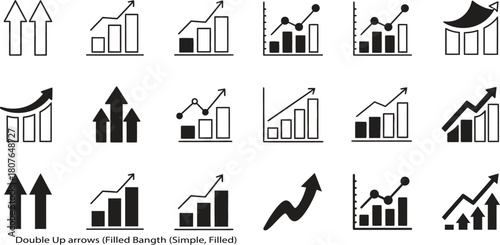 Set of diverse bar chart and line graph icons with upward arrows and growth indicators