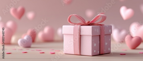 Bright Pink Gift Box Surrounded by Hearts for a Special Occasion
