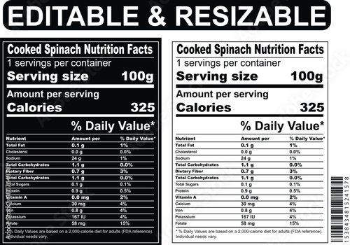 Cooked spinach Facts label isolated on white background with daily values, nutrition calculator, nutritional panel, Supplement Facts