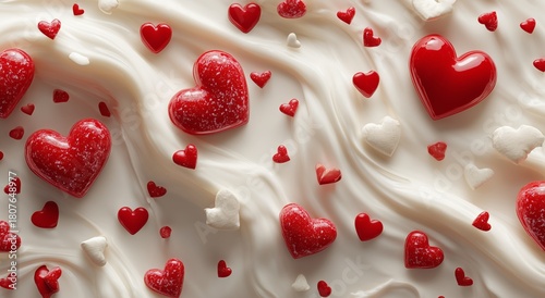Colorful Hearts Scattered on Creamy Background for Festive Decoration and Cel...