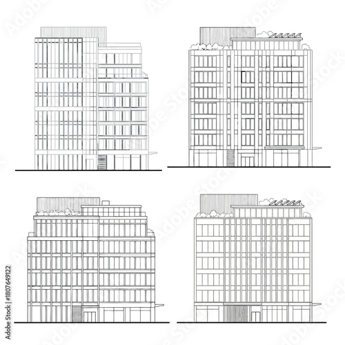 Architectural line drawings of contemporary building facades Keywords: architecture, building