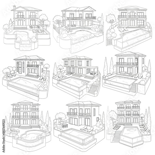 Architectural Line Drawings of Luxury Villas with Pools