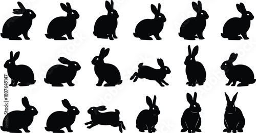 Silhouettes of eighteen rabbits in various poses including sitting, leaping, crouching, and standing for vector animal illustration.