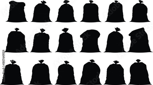 Silhouettes of eighteen black garbage bags in varied shapes for waste management, packaging, and environmental vector illustration.
