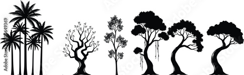 Tree silhouette vector set with palm, twisted trunk, canopy shapes, foliage styles for landscape, botanical, and nature-themed design.