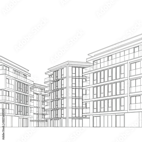 Architectural sketch of modern apartment buildings with glass facades