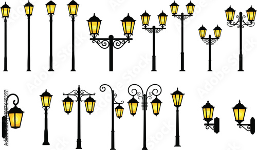 Vintage street lamps and wall lanterns collection with glowing lights, ornate black metal design, classic urban decorative lighting elements set
