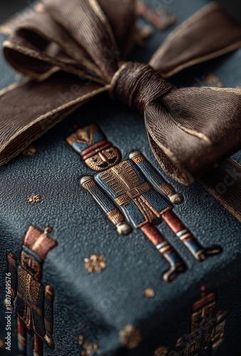 Beautifully Wrapped Gift With Nutcracker Design and Bow for Festive Season