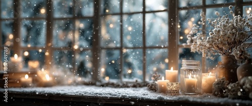 Cozy Winter Scene With Candles and Snowflakes by the Window in a Rustic Setting
