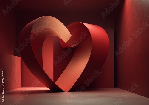 Sculptural Hearts Displayed in a Modern Art Gallery With Red Tones and Abstra...