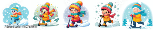 a little boy riding an electric scooter in the snow