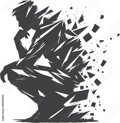  A bold black geometric silhouette of a man crouching, breaking into sharp fragments that scatter to the right. Evokes transformation, energy, and motion.