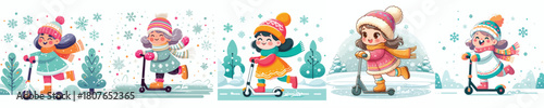 a little girl riding an electric scooter in the snow