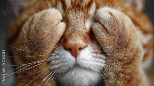 Ai cute orange cat covering its eyes with paws, showing a playful expression in a cozy indoor setting during the day, playing peekaboo