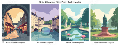 Romford, United Kingdom, Bath, United Kingdom, Harlow, United Kingdom, Nuneaton, United Kingdom Flat Vector Poster Collection