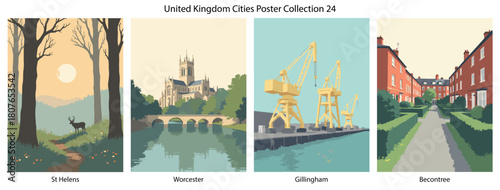St Helens, Worcester, Gillingham, Becontree Flat Vector Poster Collection