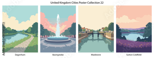 Dagenham, Basingstoke, Maidstone, Sutton Coldfield Flat Vector Poster Collection
