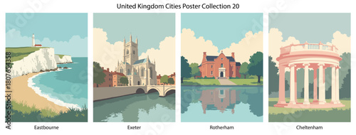 Eastbourne, Exeter, Rotherham, Cheltenham Flat Vector Poster Collection