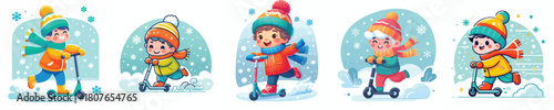 a little boy riding an electric scooter in the snow