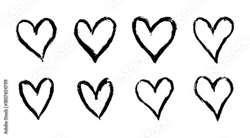 Chalk vector heart icon set. Black love symbols. Hand drawn abstract hearts. Best for Valentine s Day visuals, romantic branding, minimalist decorations, retro clipart, creative background