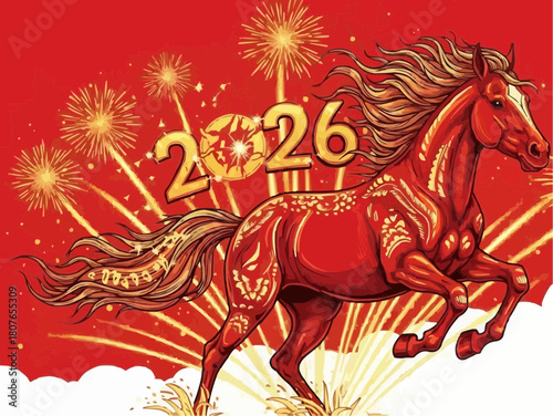 Illustration of a red horse with decorative patterns and fireworks celebrating the year of the horse