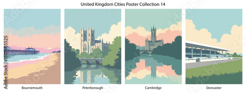 Bournemouth, Peterborough, Cambridge, Doncaster Flat Vector Poster Collection