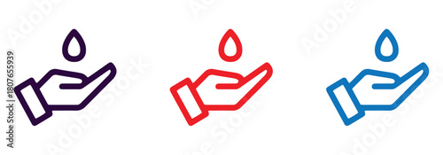 Water drop on hand icon set. Simple linear illustration of a hand catching a droplet, symbolizing water usage, purity, cleanliness, and hydration.
