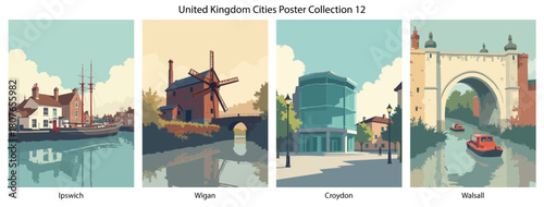 Ipswich, Wigan, Croydon, Walsall Flat Vector Poster Collection