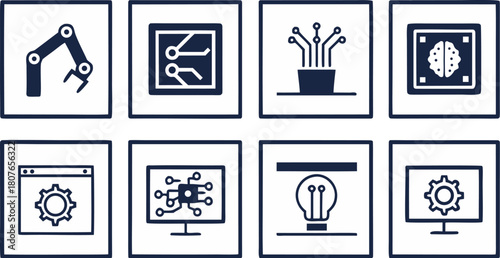 ai automation and robotics icons showing robotic arm