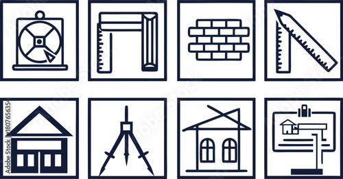 architecture and building design icons showing complex shapes