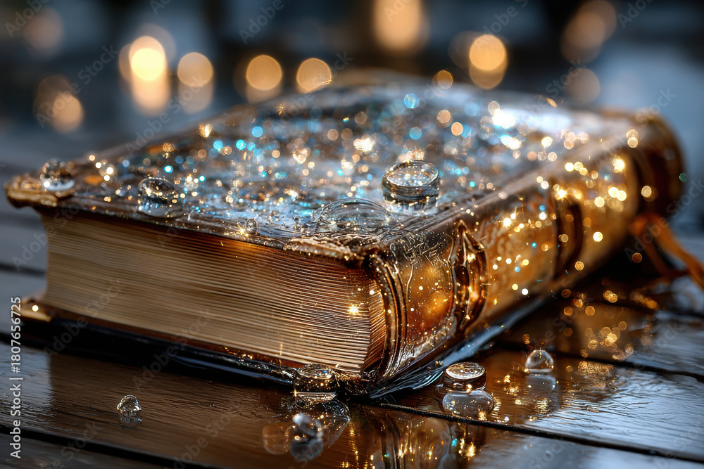 Naklejka premium Antique Book with Glowing Water Droplets on Wet Surface