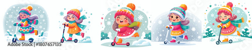a little girl riding an electric scooter in the snow