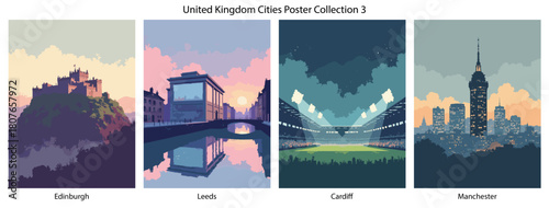 Edinburgh, Leeds, Cardiff, Manchester Flat Vector Poster Collection