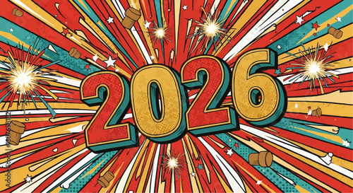 Illustration of the year two thousand and twenty six with fireworks and champagne corks exploding