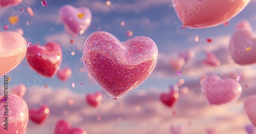 Colorful Heart-Shaped Balloons Float in the Sky During a Festive Celebration