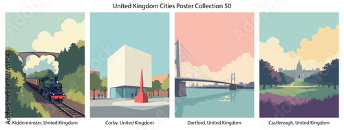 Kidderminster, United Kingdom, Corby, United Kingdom, Dartford, United Kingdom, Castlereagh, United Kingdom Flat Vector Poster Collection