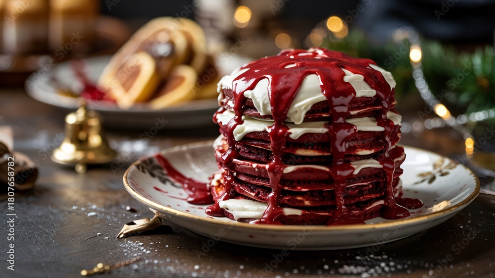 Obraz premium Decadent stack of red velvet pancakes with cream cheese frosting and sauce