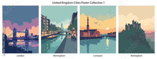 London, Birmingham, Liverpool, Nottingham Flat Vector Poster Collection