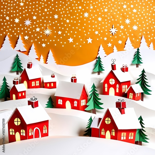 A charming Christmas scene with hand-crafted paper cut houses and festive elements, inviting viewers into a world of holiday cheer.