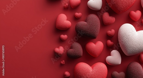 Colorful Heart Shapes Scattered on a Red Background for Valentines Day Celebr...