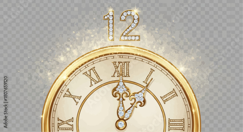 Golden clock face showing almost twelve o clock with diamond numbers and transparent background design