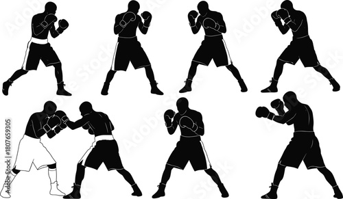 Boxing silhouette athletes training in multiple fighting stances, sports vector illustration showing punches, defense, sparring movements, martial fitness action poses